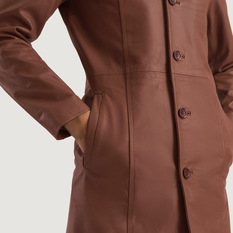 Mens Don Long Brown Leather Coat Close-Up-9-1701087618027